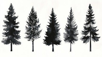 Five watercolor black silhouette evergreen trees isolated on white.
