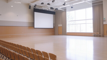 Spacious Modern Event Hall: A bright, expansive event hall features rows of neatly arranged light-brown chairs facing a large projection screen, bathed in natural light from floor-to-ceiling windows.