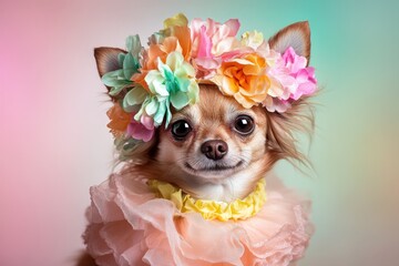 Chihuahua dog in floral crown and pink tutu costume posing for a whimsical portrait. Cute pet photography with colorful background for pet lovers and events.