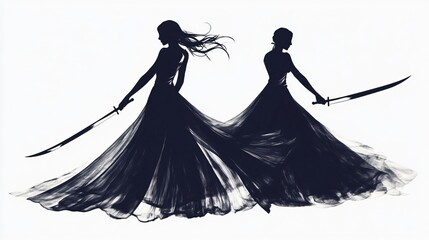 Silhouettes of Two Women in Flowing Gowns with Swords: A Captivating Image of Power and Elegance