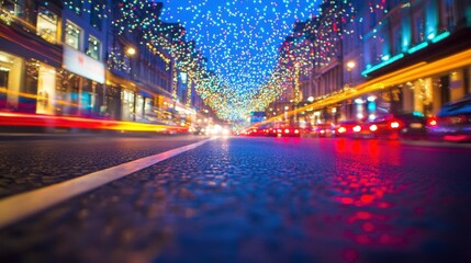Obraz premium Vibrant urban nightlife with colorful city lights and blurred traffic