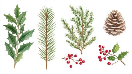 Watercolor Christmas botanical elements holly, pine, fir, berries, cone.