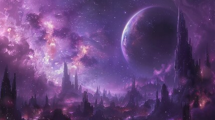 Silhouetted futuristic city with a planet and nebula in the sky. AI generative. .