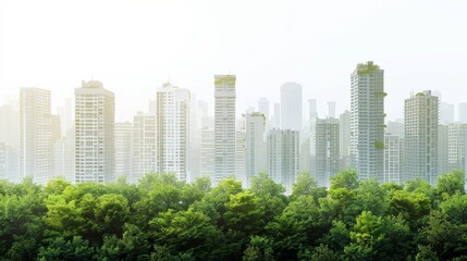 Green trees in front of an urban skyline with skyscrapers. AI generative. .