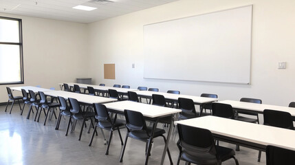 Empty Classroom Ready for Learning: A spacious classroom with rows of empty desks and chairs, a large whiteboard, and a window with natural light.