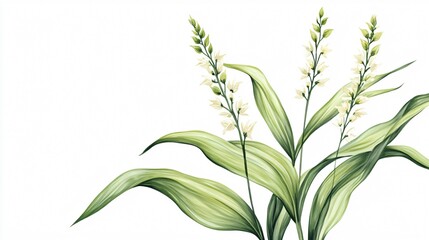 Fototapeta premium Elegant White Flowers and Lush Green Leaves on a Clean White Backdrop: A Botanical Masterpiece