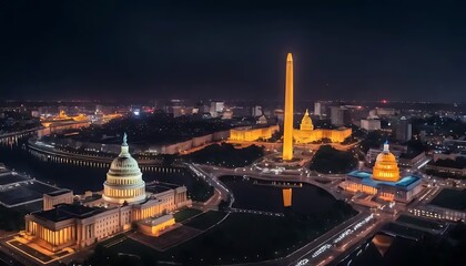 Nighttime View of Washington DC Monuments and Capitol Building
