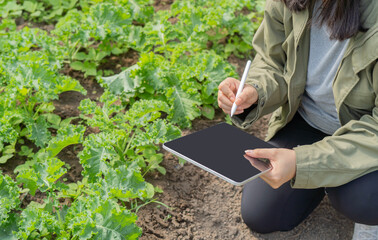 Asian female biologist holding laptop walking inspecting smart greenhouse