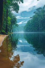 Obraz premium Serene River Reflecting Misty Mountains And Lush Greenery