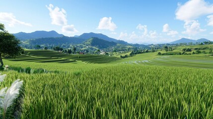 Obraz premium Tranquil Rice Paddies and Mountains