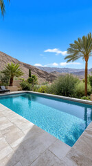 serene desert oasis with crystal clear pool and palm trees