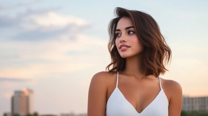 Naklejka premium Woman in white dress gazing at cityscape during sunset