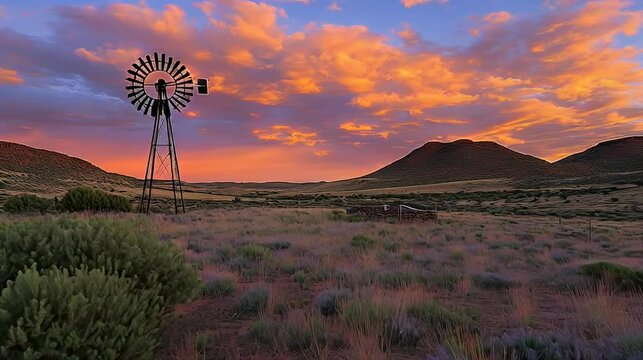 Sunset over desert ranch with windmill