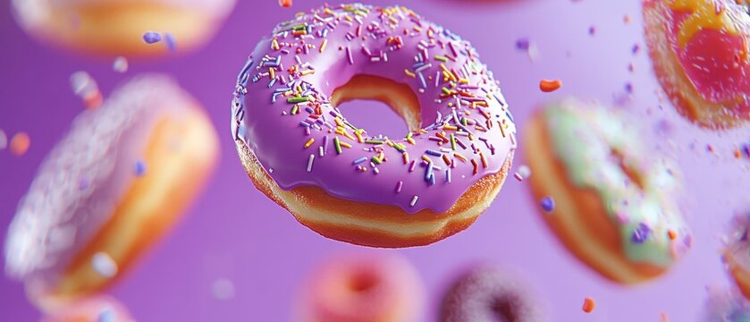 Donuts sprinkled with colorful toppings floating in the air against a vibrant purple background, featuring a playful, whimsical dessert theme for food photography.