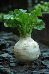 A Single White Turnip With Lush Green Leaves