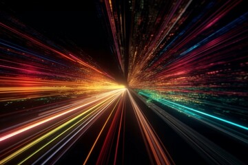 Abstract light streaks in multiple colors converge in a dark tunnel. AI generative. .