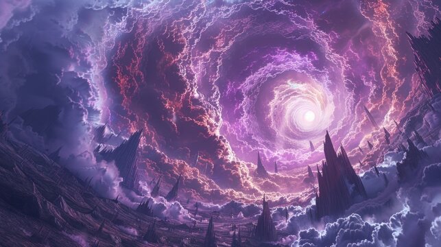 Purple sky with swirling clouds and tall spires, AI generative. .