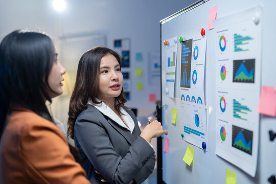 Two asian businesswomen are discussing charts and graphs displayed on a whiteboard during a productive office meeting, analyzing data and collaborating on business strategies