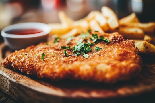 Fish and chips served on a wooden platter with dipping sauce, garnished with herbs, showcasing a popular British cuisine in a cozy restaurant setting.