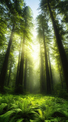 Fototapeta premium misty forest with towering trees and vibrant ferns