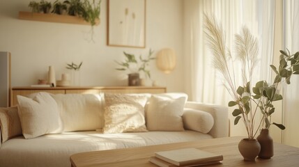 Serene Minimalist Living Room Interior Design with Neutral Tones and Natural Light
