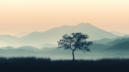 Fototapeta premium Serene Misty Mountain Landscape with Solitary Tree