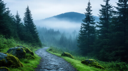 misty mountain trail surrounded by lush greenery and rocks
