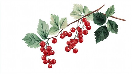 Watercolor Red Currant Branch: Botanical Illustration of Ripe Berries and Green Leaves
