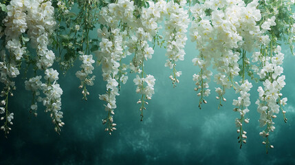 Fototapeta na wymiar Sezon wiosenny, tło fotograficzne kwiatowe, białe kwiaty na zielonym tle, generative ai