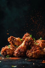 Fried chicken wings served with spices and herbs on a dark background for food photography, culinary art, restaurant menu, and delectable appetizers.