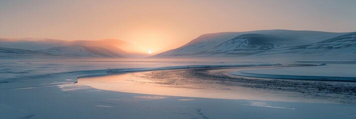 Fototapeta premium Serene winter landscape with a meandering river, snow-covered mountains, and a golden sunrise. AI generative. .