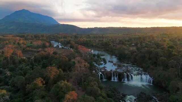 Aerial sunset of pakse bolaven plateau scenic waterfall famous motorcycle loop travel destination