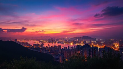 Obraz premium Vibrant Sunset over Hong Kong Cityscape