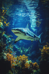 Fototapeta premium Majestic Shark Swims Through Vibrant Ocean Reef