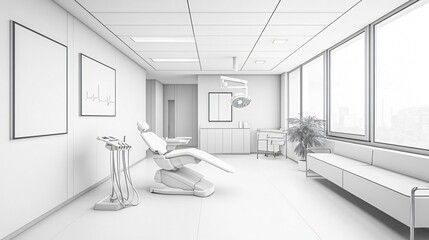 Modern and sterile dental clinic interior design with natural light. 3D rendering.
