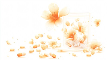 Fototapeta premium Ethereal orange blossoms and pills in a glass: A delicate balance of nature and medicine.