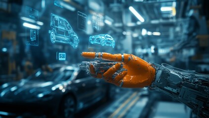 Robotic arm controlling digital car models in a factory.