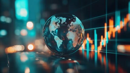 A crystal globe depicting the earth rests on a dark surface, overlaid with dynamic financial data visualizations, highlighting the global nature of finance and investment.