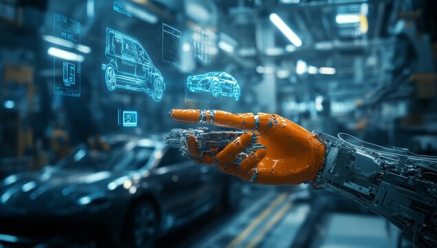 Robotic arm controlling digital car models in a factory.