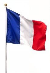 Obraz premium France flag waving gently on a steel pole isolated on a bright white background
