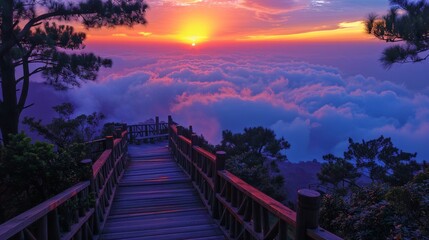 Wooden walkway leading to a beautiful sunset over a sea of clouds. AI generative. .