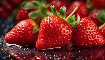 Plump strawberries glisten with dew, vibrant red and bursting with sun-ripened, succulent flavor