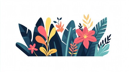 Obraz premium Tropical Flowers and Lush Foliage: A Vibrant Botanical Illustration