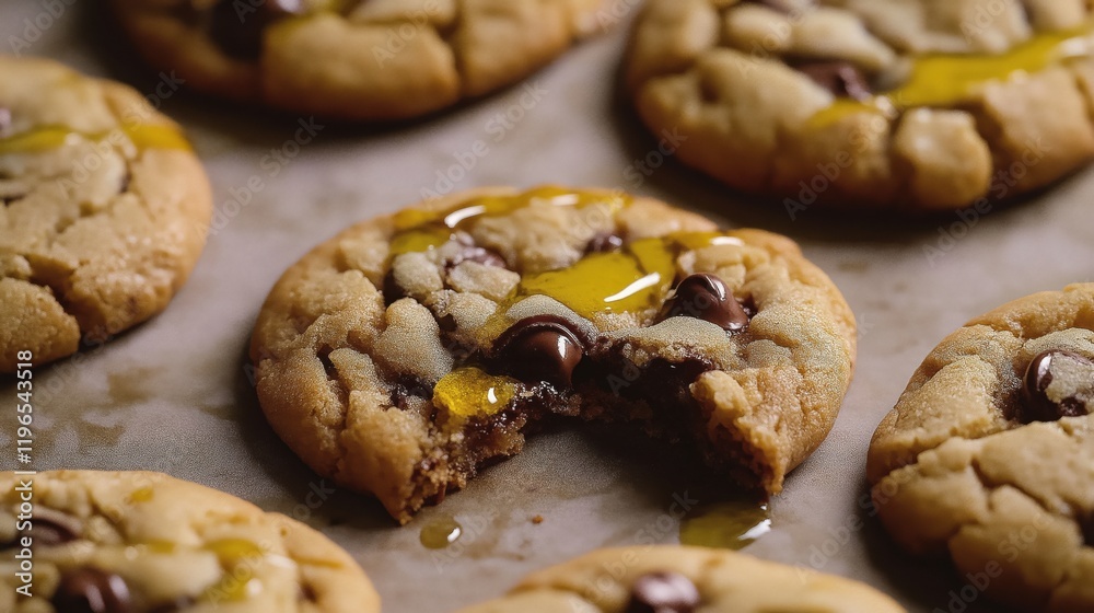 Wall mural A close-up photo of chocolate chip cookies with olive oil drizzled on top