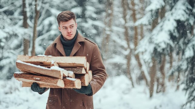 Winter firewood gathering by a young man in a brown coat