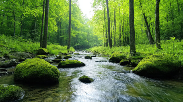 serene forest with crystal clear stream and lush greenery - Powered by Adobe