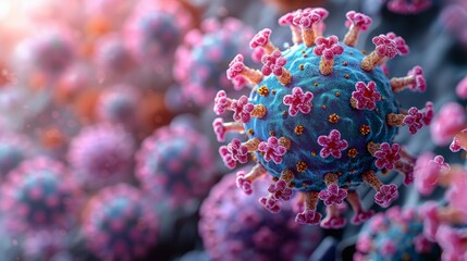 Closeup of blue virus with pink spikes. AI generative. .