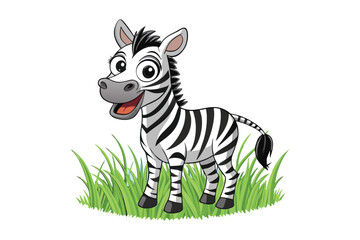 A playful cartoon zebra with a wide grin, standing in a field of tall grass vector art illustration.eps