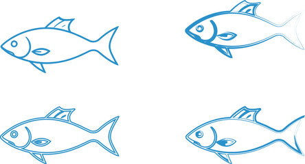 Simple blue fish sketches, minimalist line drawings, repeated fish pattern, hand-drawn style, aquatic theme, light blue outlines, white background, elementary doodles, marine life illustration, childl