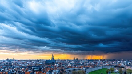 Obraz premium Dramatic skyline with stormy clouds over a city at sunset.